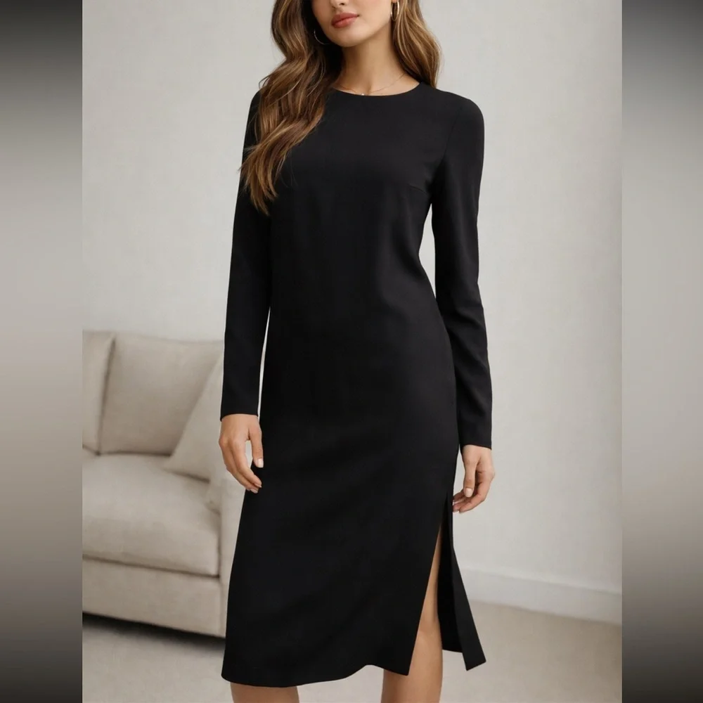 Aritzia Babaton Black Midi Dress Minimalist Open Back Slit Long Sleeve Size 6 - Picture 1 of 14